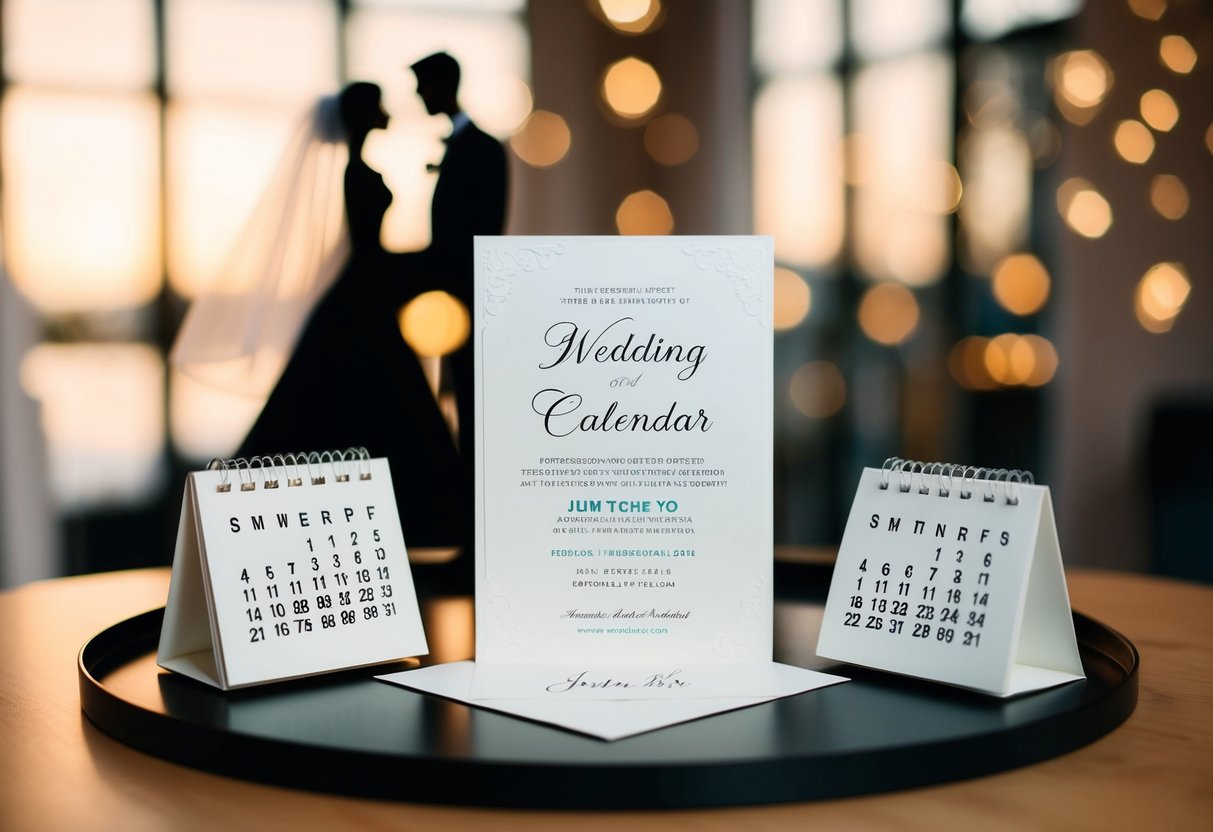 A wedding invitation surrounded by a calendar, with a bride and groom silhouette in the background