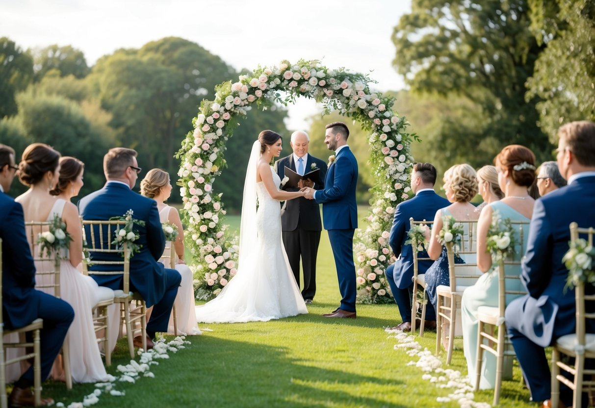 A serene outdoor wedding ceremony on a weekday, with guests seated in elegant chairs and the couple exchanging vows under a floral arch