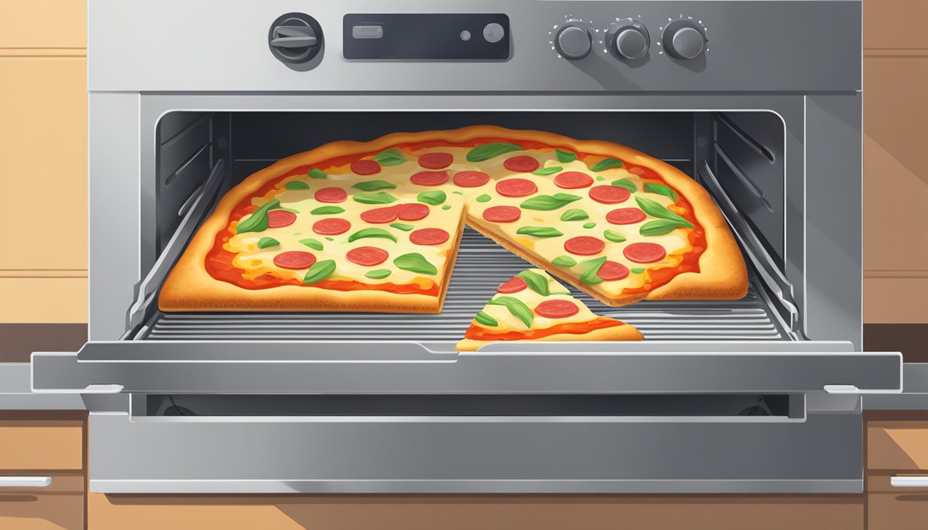 A slice of Hawaiian pizza being placed on a baking sheet in a preheated oven. The oven door is closed, and the pizza is left to reheat