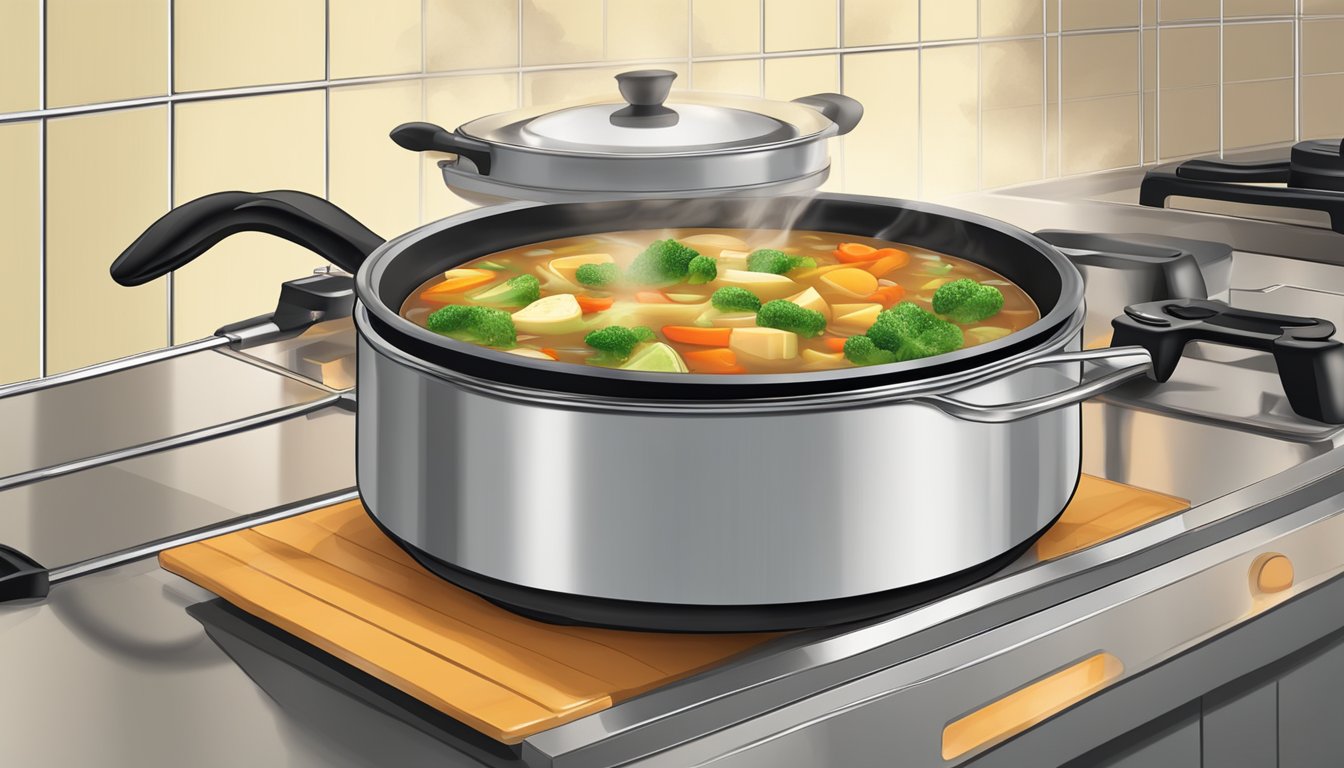 A pot of hot and sour vegetable soup being reheated on a stovetop