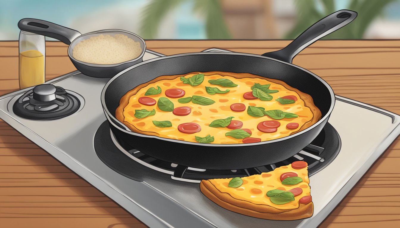 A skillet sizzling on a stovetop, with a slice of Hawaiian pizza inside, the cheese bubbling and the crust crisping up