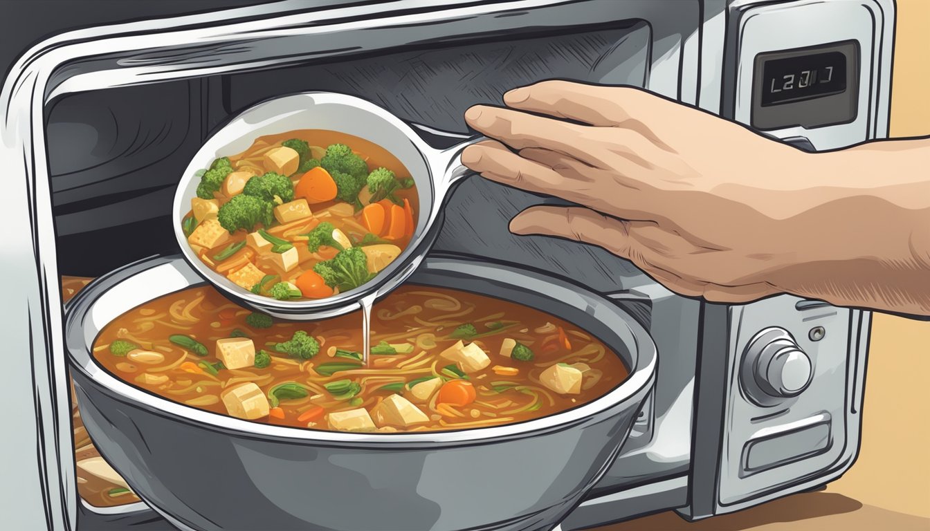 A hand reaching for a microwave-safe bowl filled with hot and sour vegetable soup