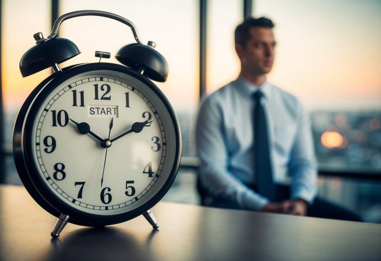 A clock showing the time past the scheduled start, with a person waiting impatiently