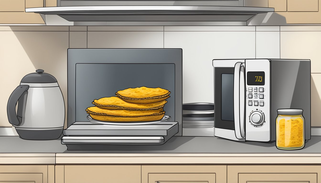 A kitchen counter with a plate of Jamaican beef patties next to a microwave and a container for proper storage