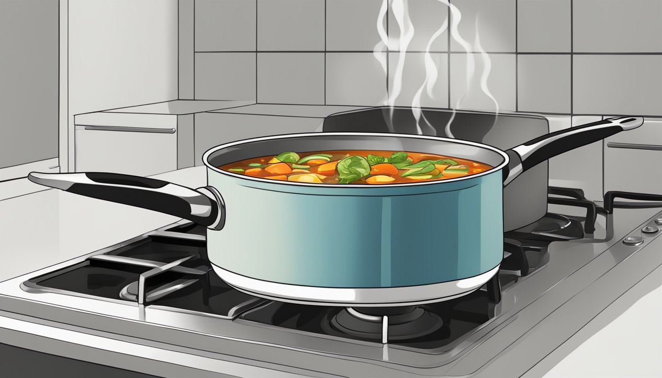 A pot of hot and sour vegetable soup being reheated on a stovetop