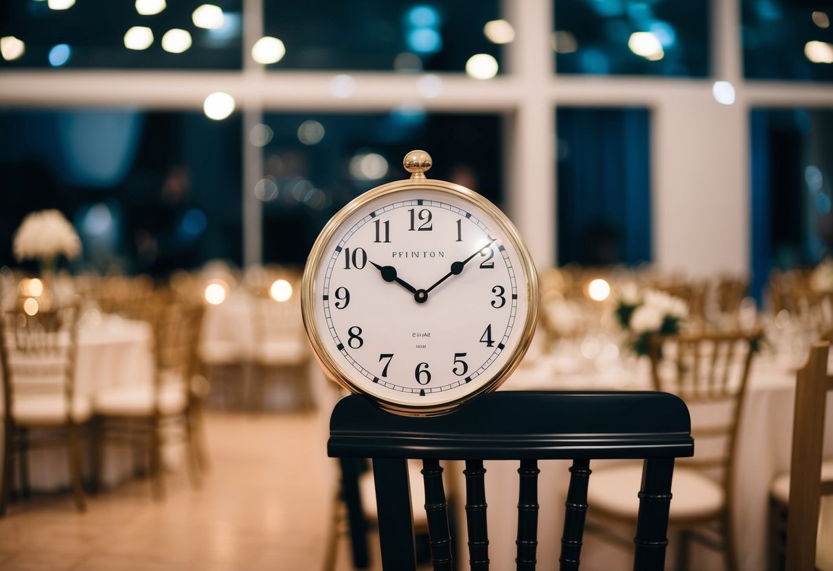 A clock showing 15 minutes past the hour with an empty chair at a stylish event