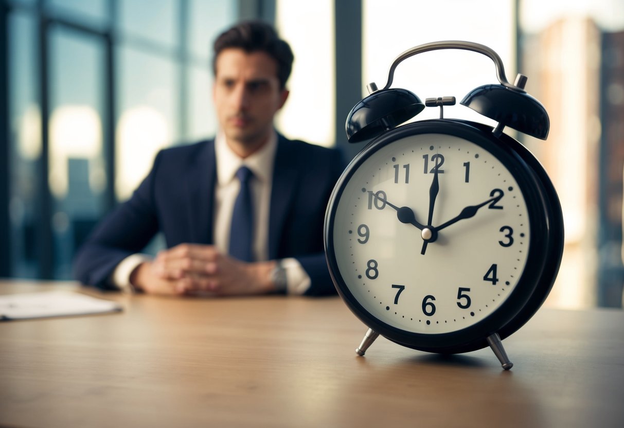A clock showing 10:05 with a person waiting impatiently