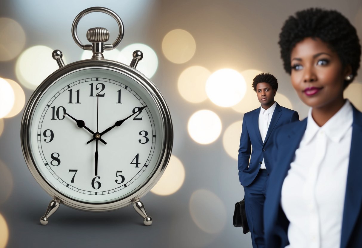 A clock showing 15 minutes past the hour with a stylishly dressed figure waiting impatiently