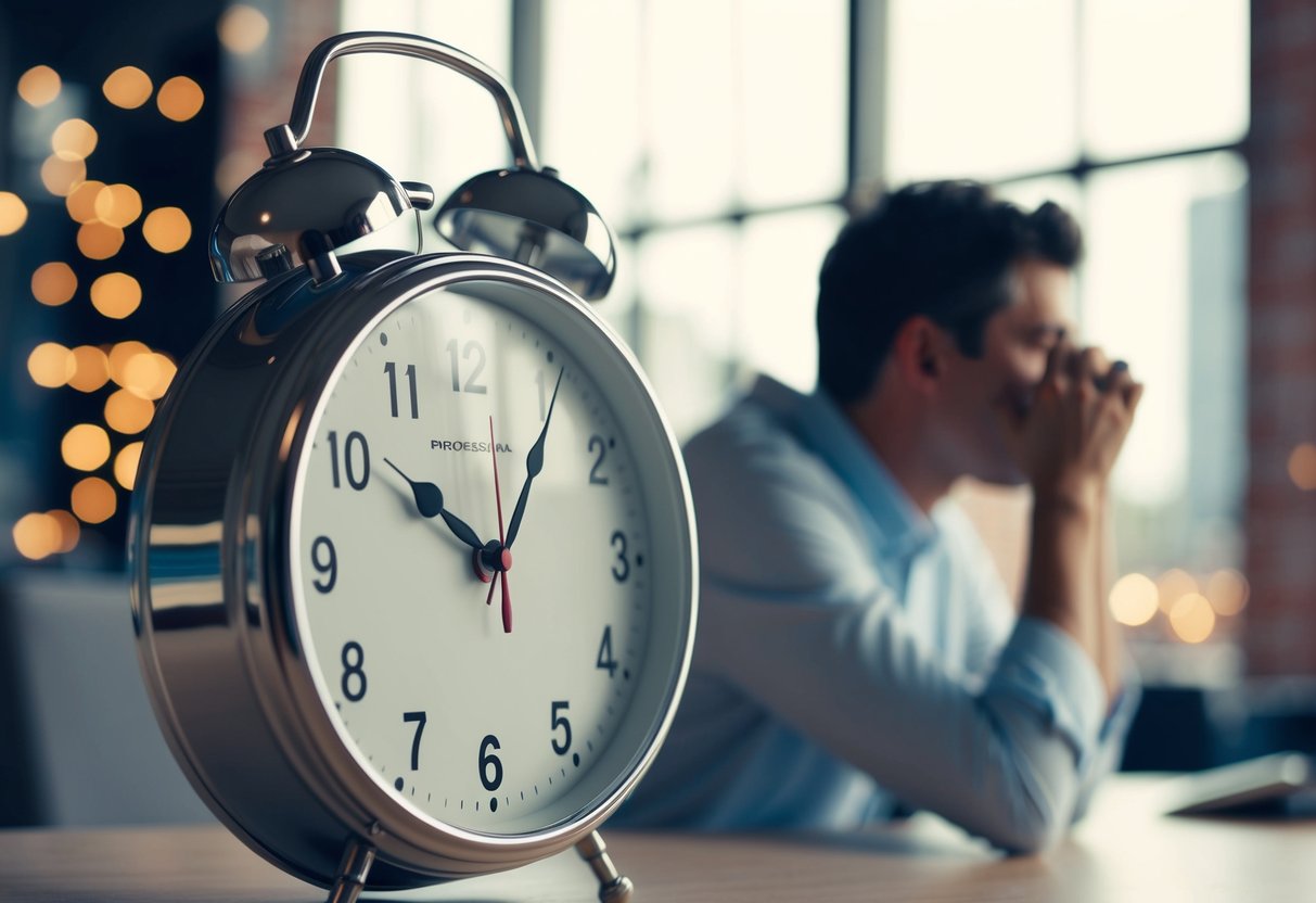 A clock showing 5:01 with a person waiting impatiently