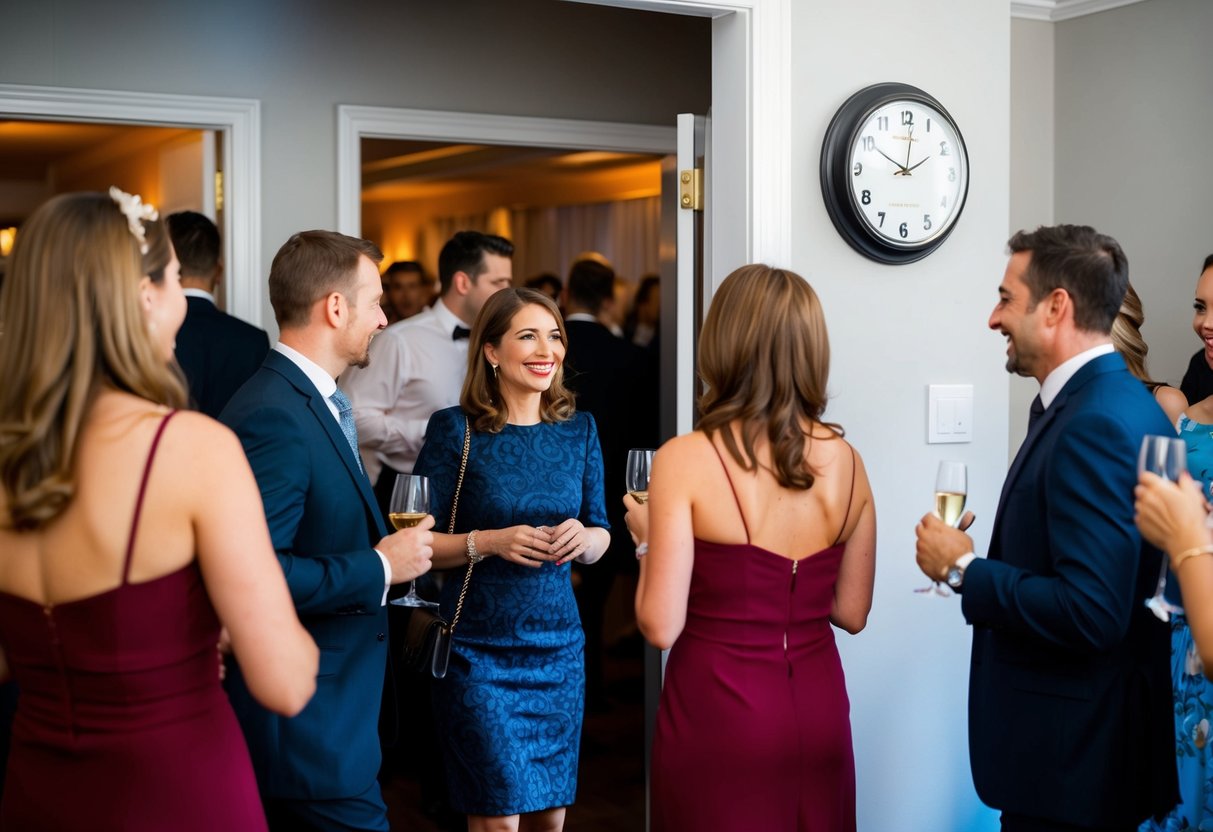 Guests arriving at a party, some already inside. Clock on the wall shows 15 minutes past the start time. Hostess greeting late arrivals with a smile