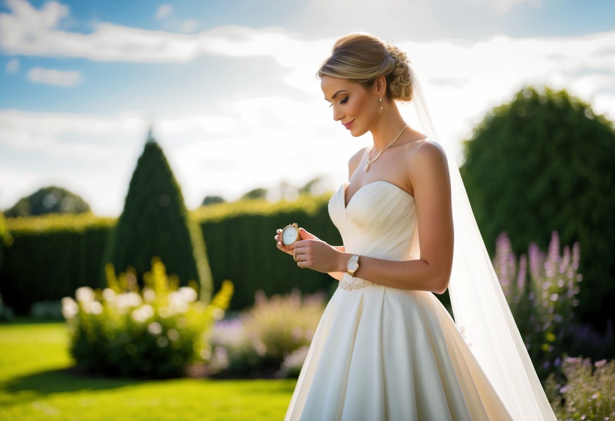 A bride stands in a sunlit garden, her dress billowing in the breeze as she gazes at a pocket watch in her hand