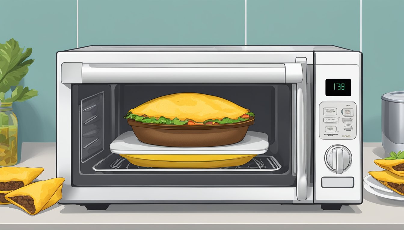 A microwave with a plate of Jamaican beef patties covered with a microwave-safe lid