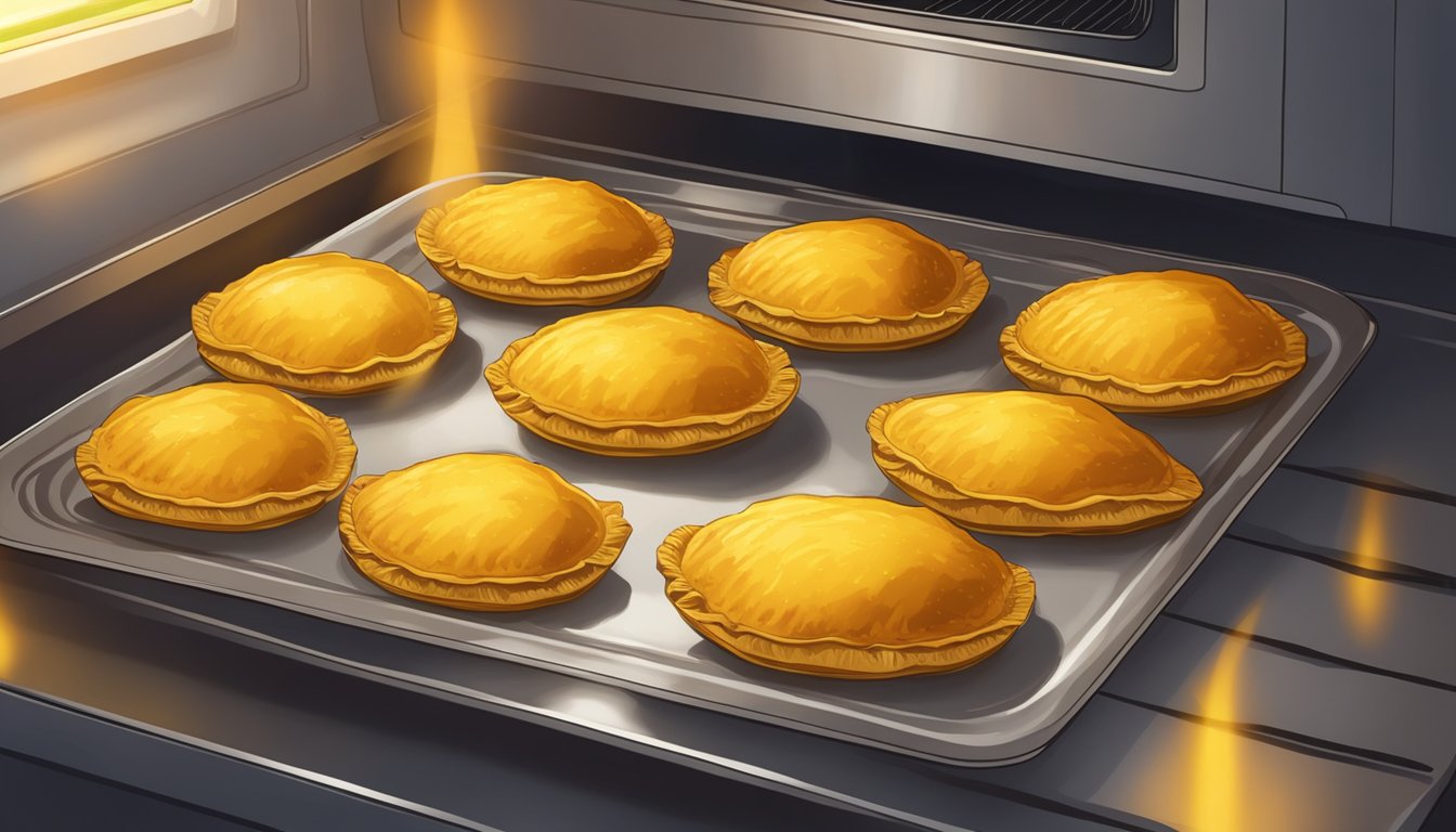 A plate of golden Jamaican beef patties being reheated in the oven. A warm glow emanates from the oven as the patties crisp up to perfection