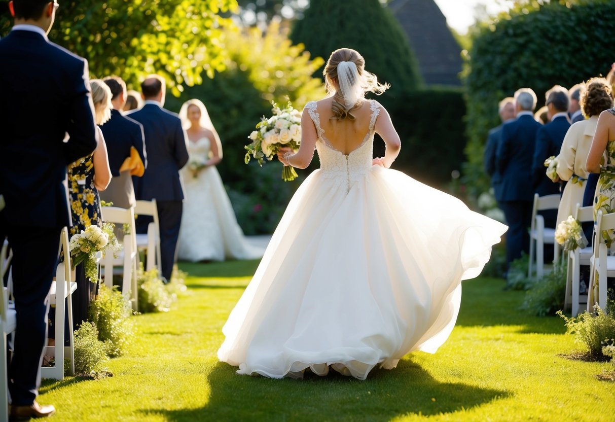 A bride rushes down a sunlit garden path, her flowing gown billowing behind her as she hurries towards the waiting wedding ceremony