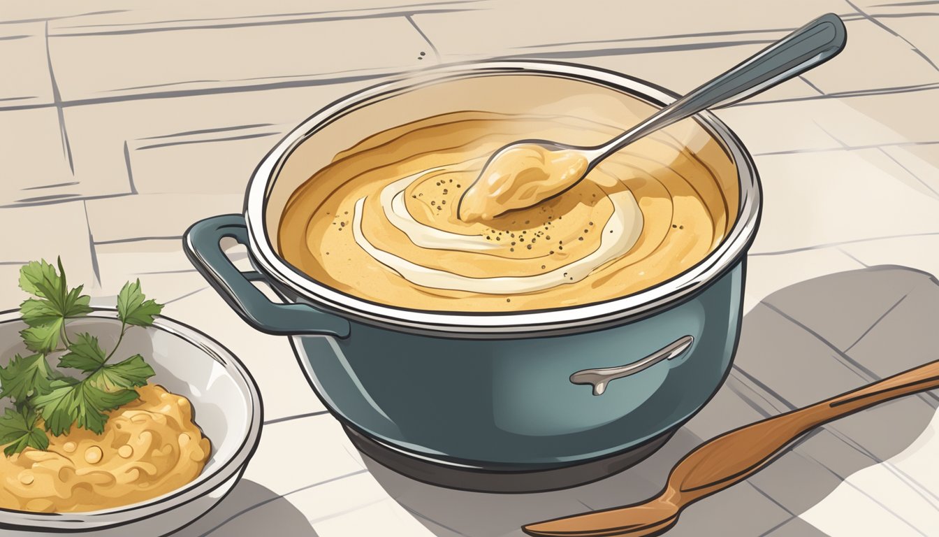 A bowl of hummus sits on a stovetop, with a small pot of water simmering nearby. A spoon stirs the hummus as steam rises, maintaining its creamy texture