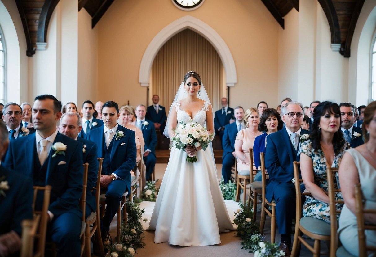 A bride stands nervously at the altar, guests shifting in their seats as the clock ticks past the scheduled start time