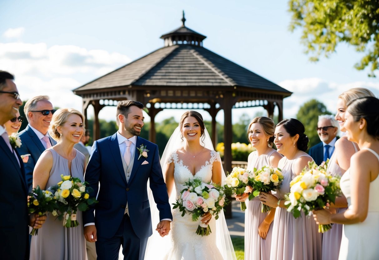 A sunny outdoor wedding with flowers and a gazebo, surrounded by happy guests