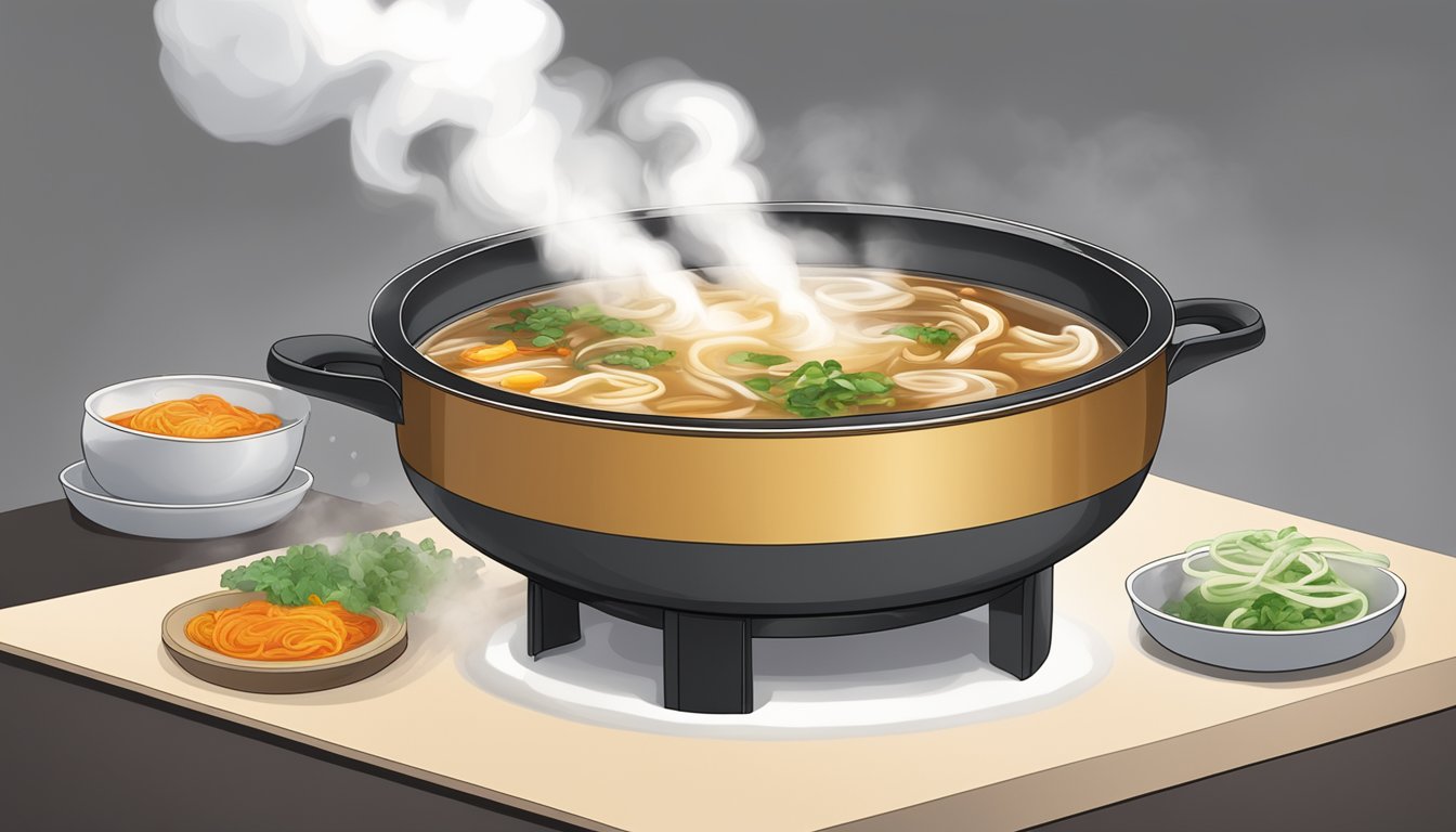 A steaming bowl of hot and sour soup sits on a stovetop, with swirling steam rising from the surface