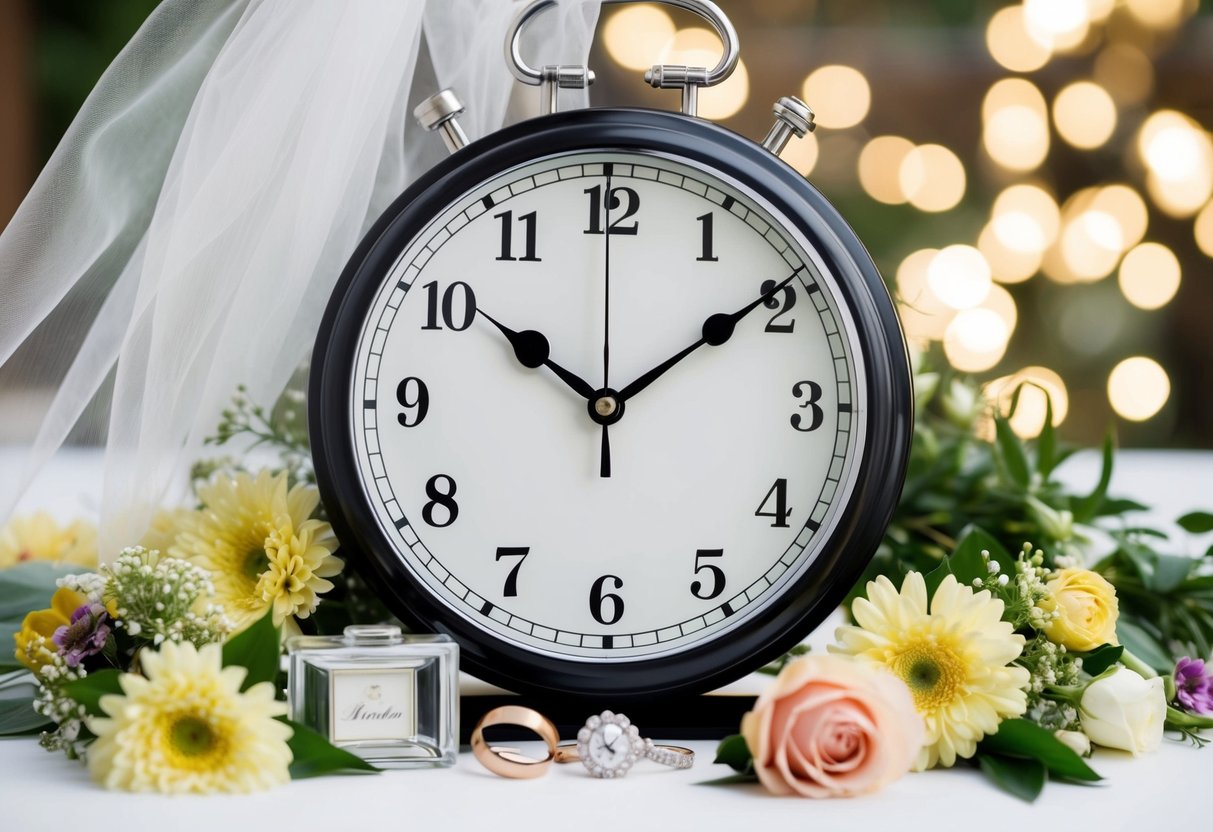 A clock with the hands pointing to the time of the wedding, surrounded by a flurry of wedding-related items like flowers, rings, and a veil