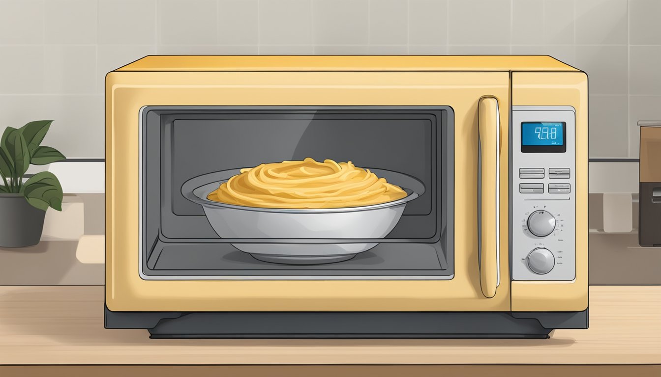 A microwave with a bowl of hummus covered with a microwave-safe lid