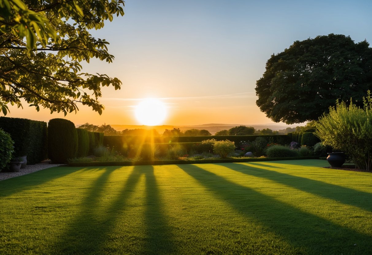 A sun setting over a tranquil garden with soft golden light, casting long shadows on the ground