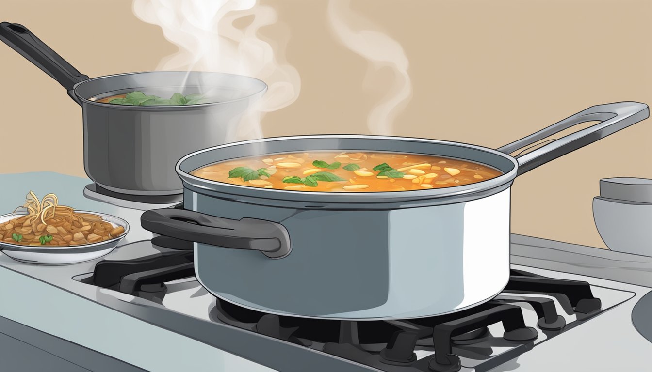 A pot of hot and sour soup sits on a stovetop, steam rising from the surface as a ladle hovers above