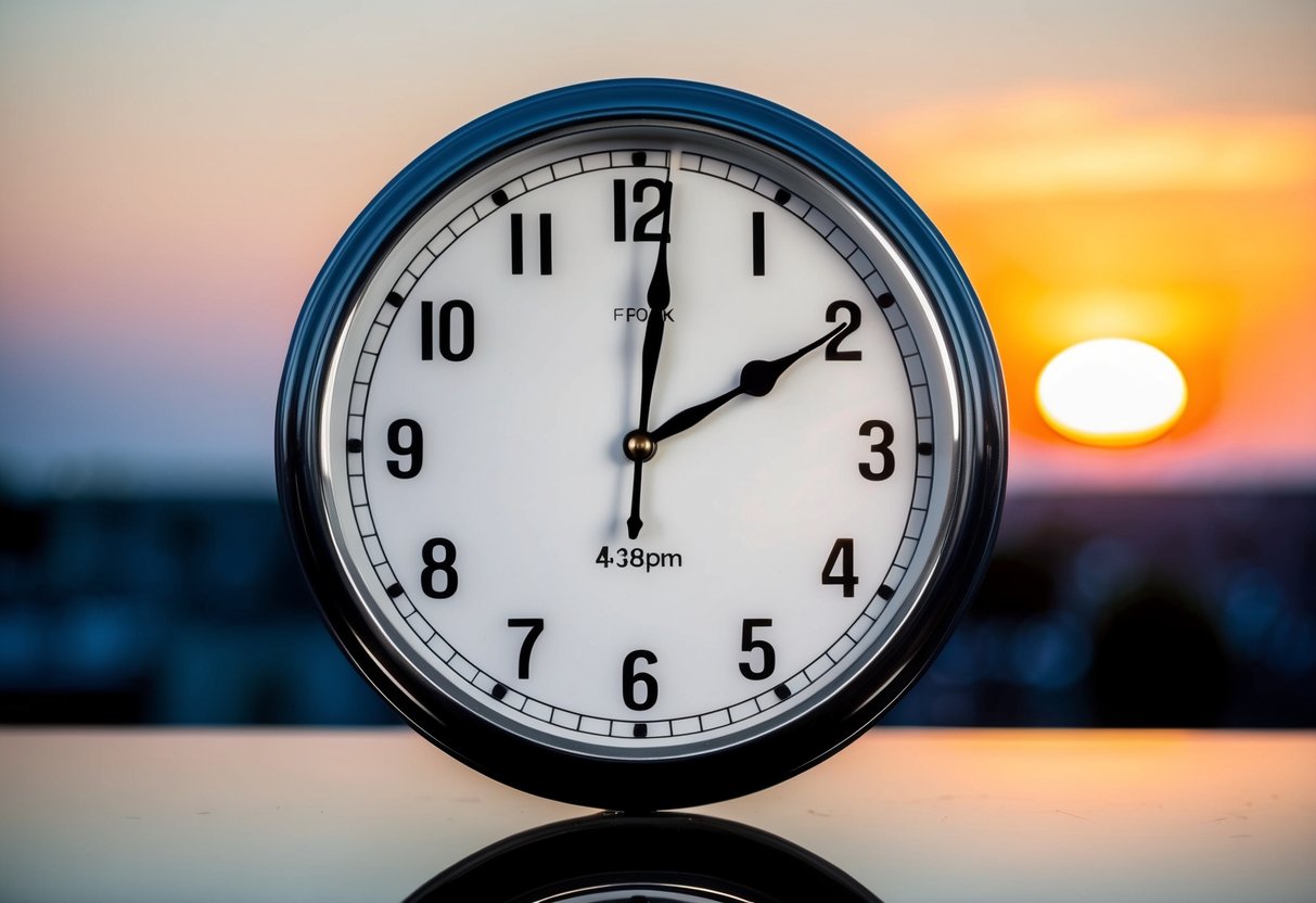 A clock showing 4:30pm with the sun beginning to set in the background