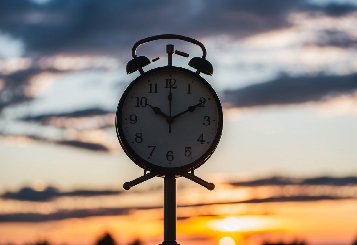 A clock showing 4:00 with a sunset in the background