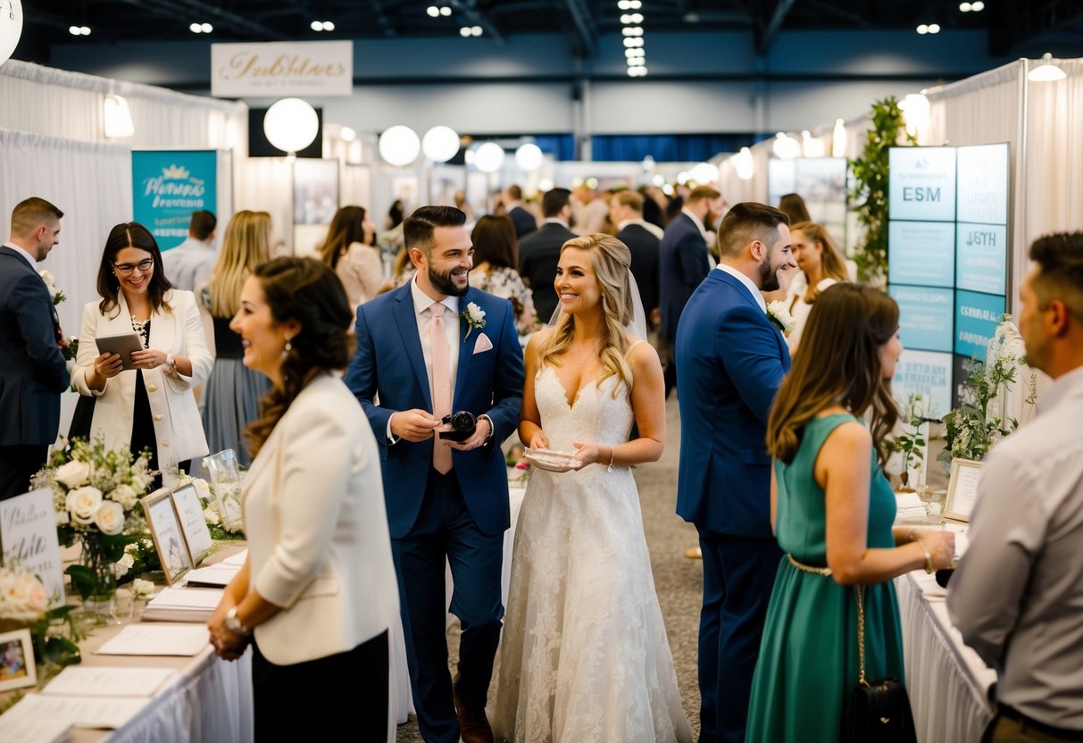 A bustling wedding expo with vendors, planners, and photographers. Couples browse through displays and chat with professionals