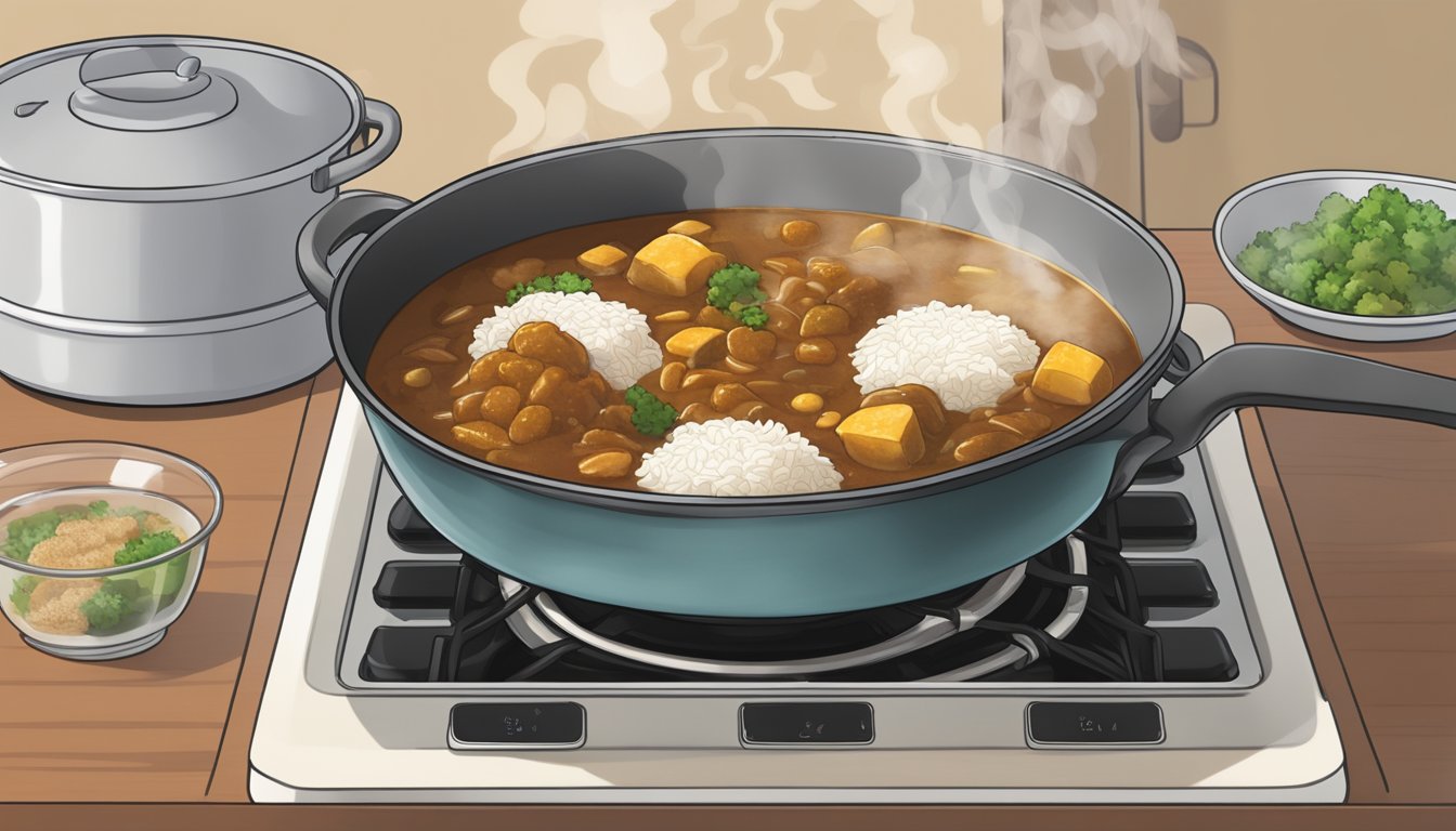 A bowl of Japanese curry sits on a stovetop, steam rising as it is gently reheated in a pot, preserving its rich flavor