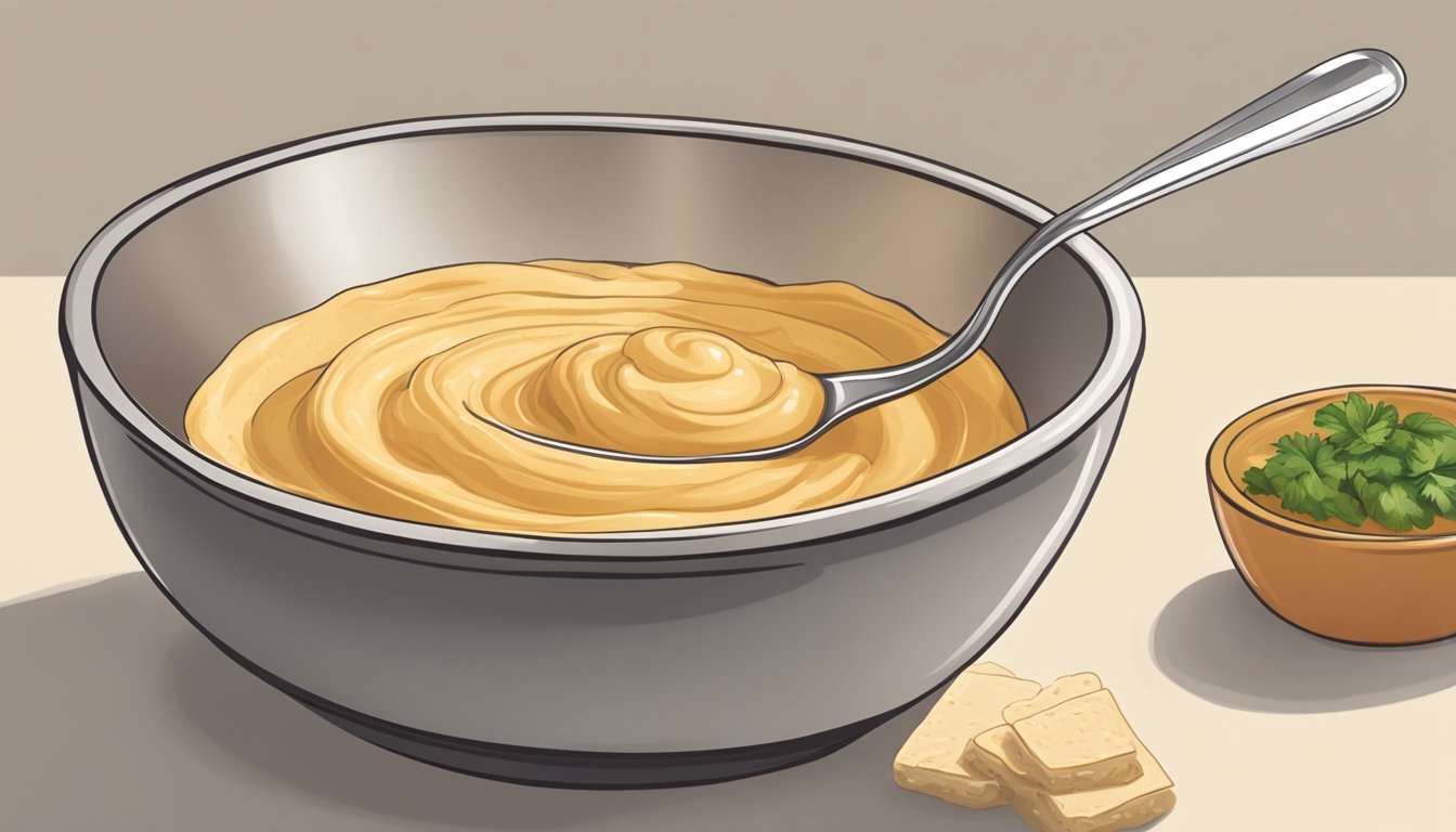 A bowl of hummus being gently warmed in a small saucepan over low heat, with a spoon stirring to maintain its creamy texture