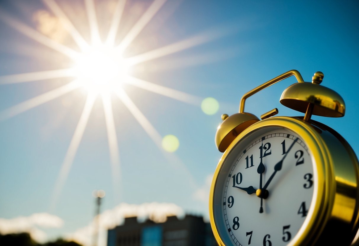 A clock showing 4:00pm with a bright sun in the sky, casting long shadows