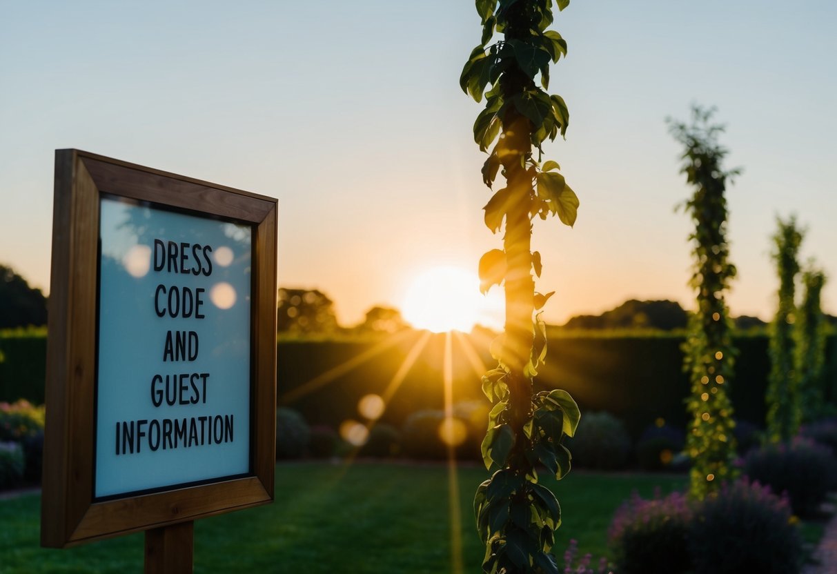 A sun setting over a garden with soft evening light, casting long shadows on a sign displaying "Dress Code and Guest Information."