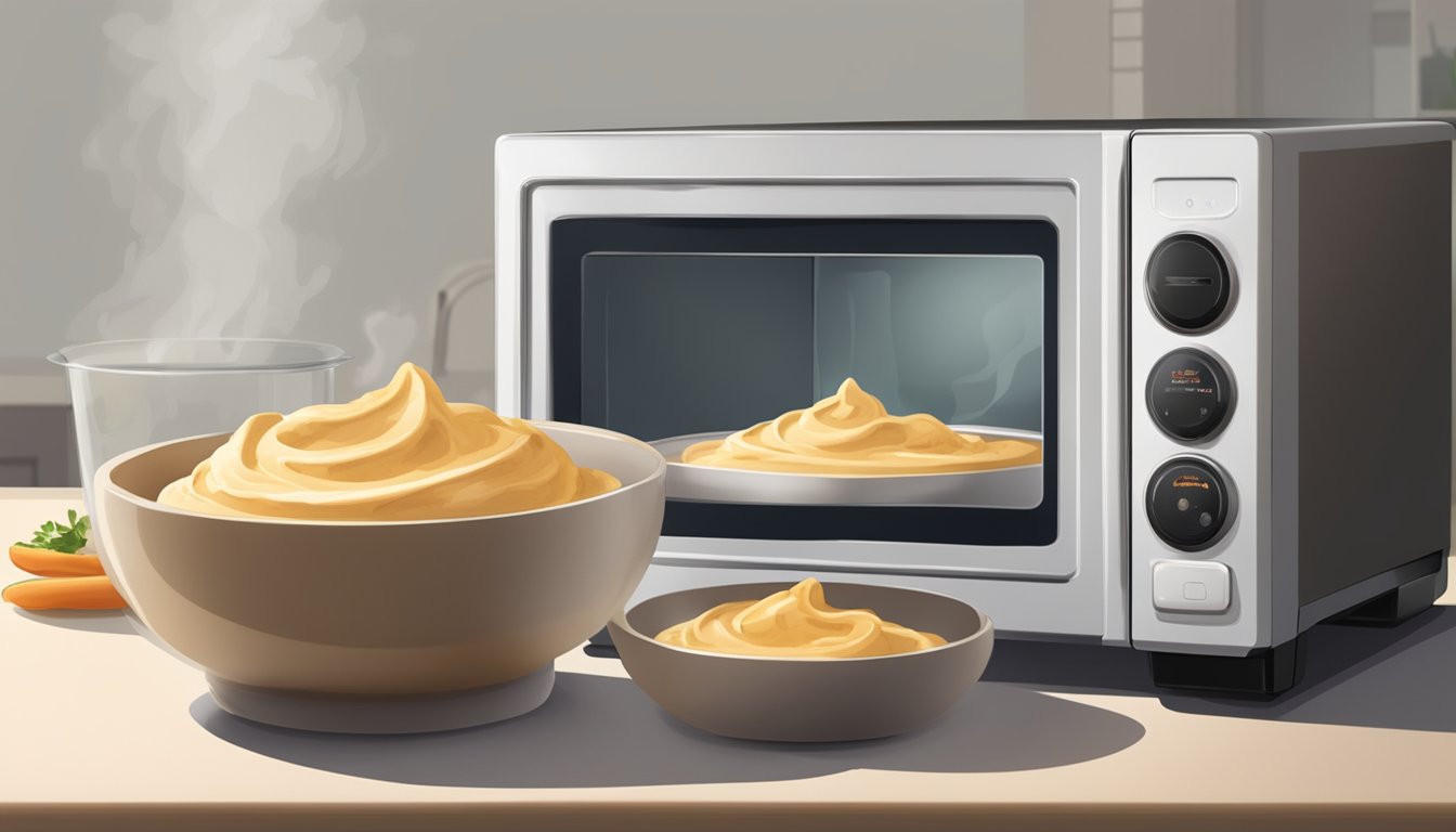 A small bowl of hummus is being gently warmed in a microwave. The creamy texture remains intact as steam rises from the surface