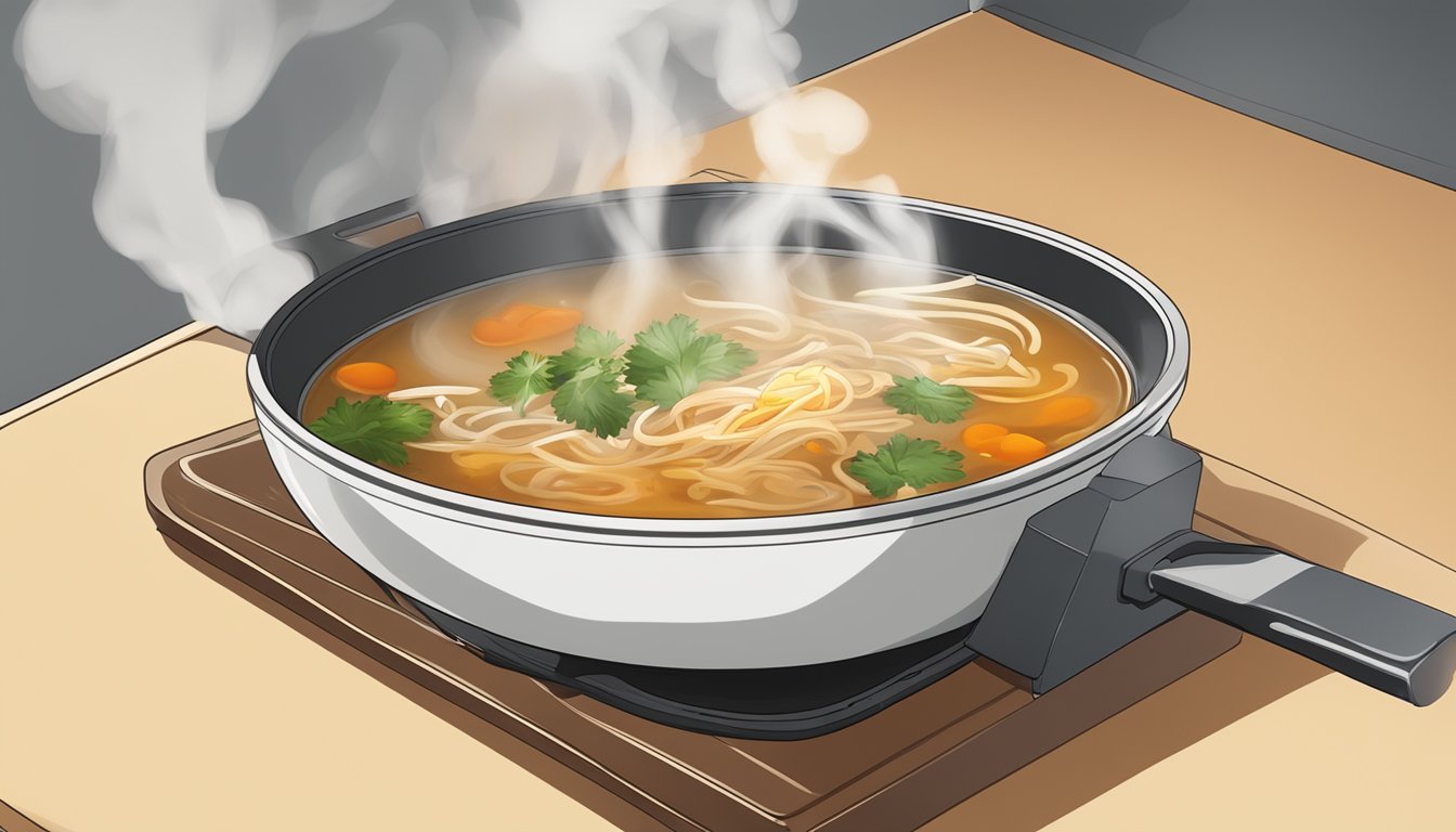 A steaming bowl of hot and sour soup sits on a stovetop, with a ladle resting on the edge and wisps of steam rising from the surface