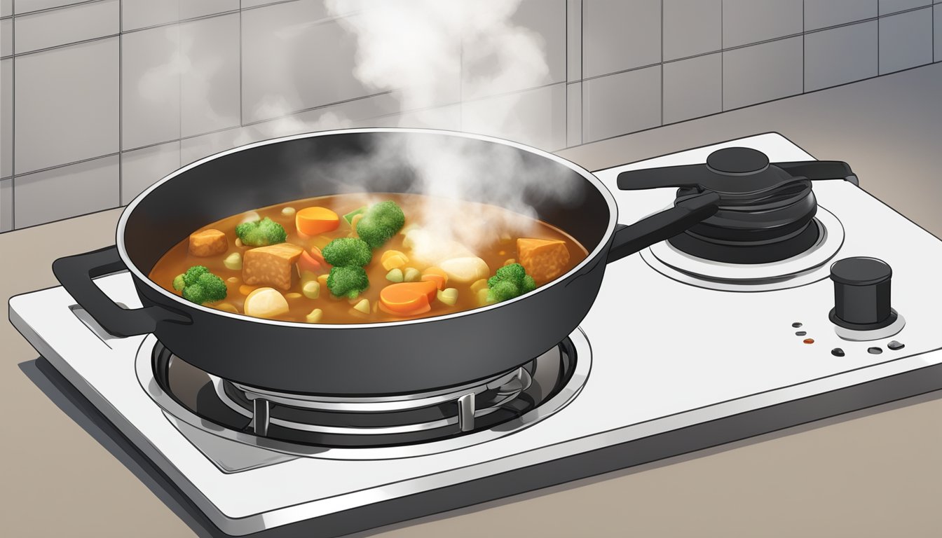 A steaming pot of Japanese curry being gently reheated on a stovetop, with the aroma of spices and vegetables filling the air