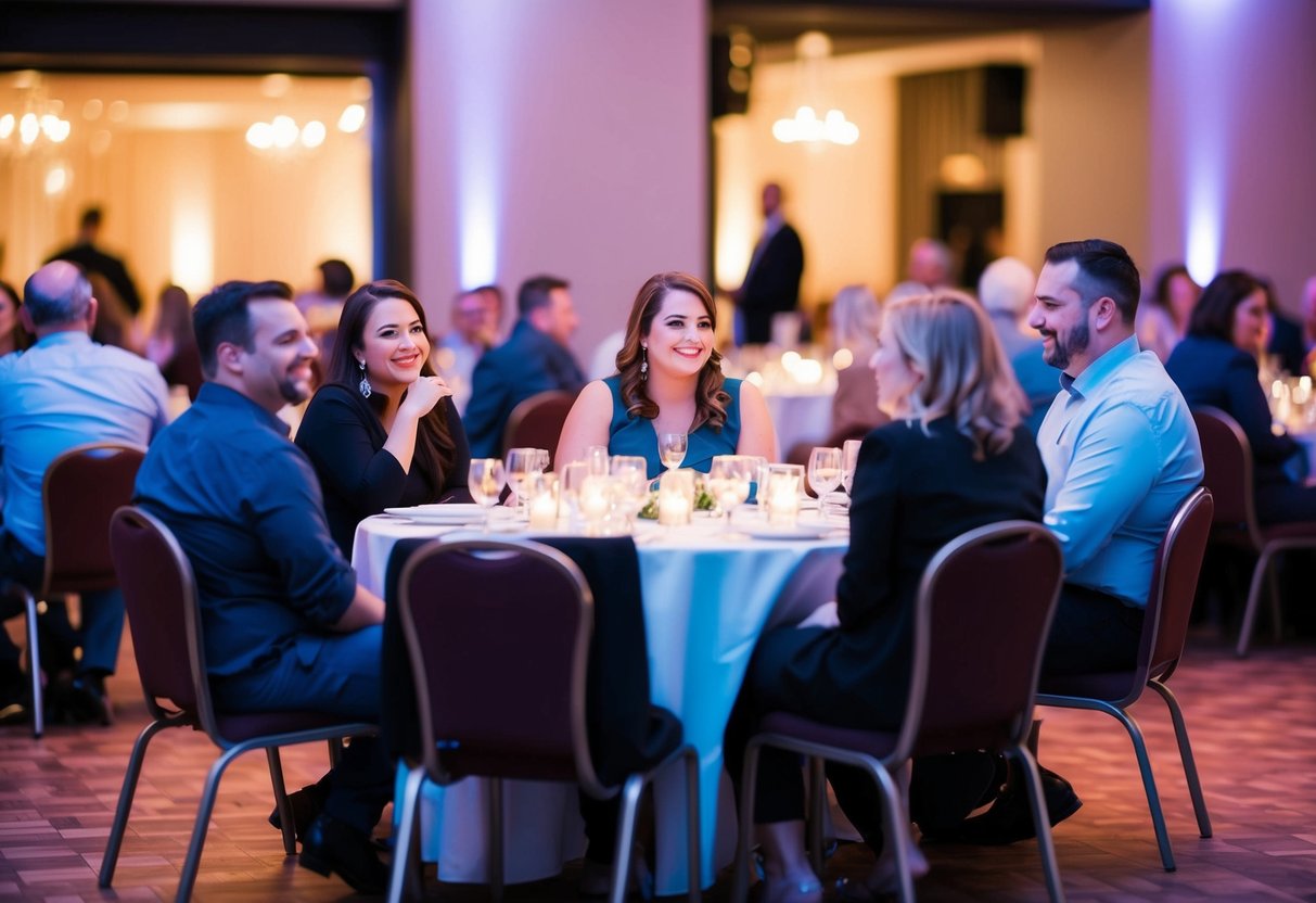 A group of people sitting at tables, chatting and watching the dance floor. Some are smiling, others seem disinterested