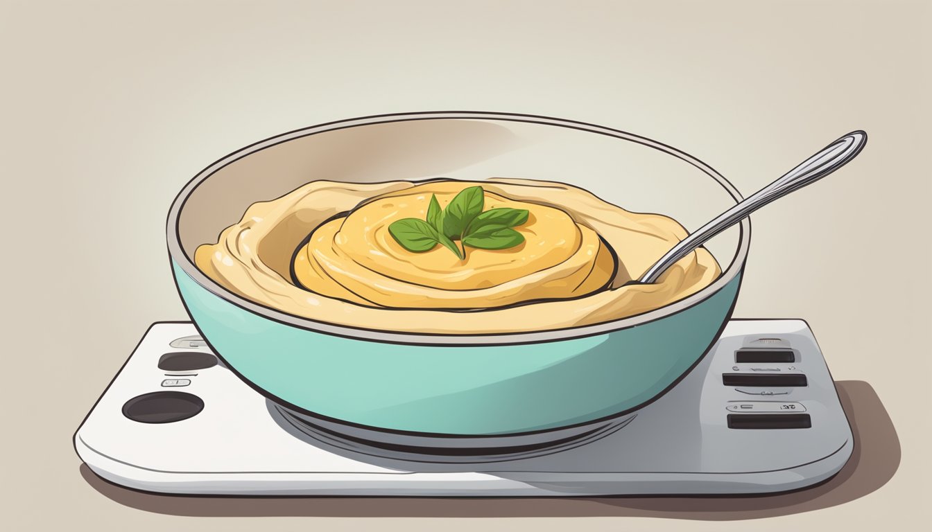 A small bowl of hummus being gently warmed in a microwave. A spoon is nearby for stirring