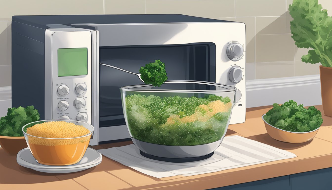 A bowl of kale and quinoa salad sits in a microwave, steam rising as it reheats. A fork rests on the side, ready to toss the salad before serving