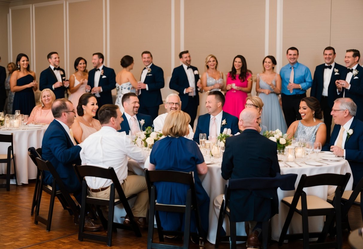 A group of guests sitting at tables, chatting and laughing while others are on the dance floor, some standing on the sidelines, watching and smiling