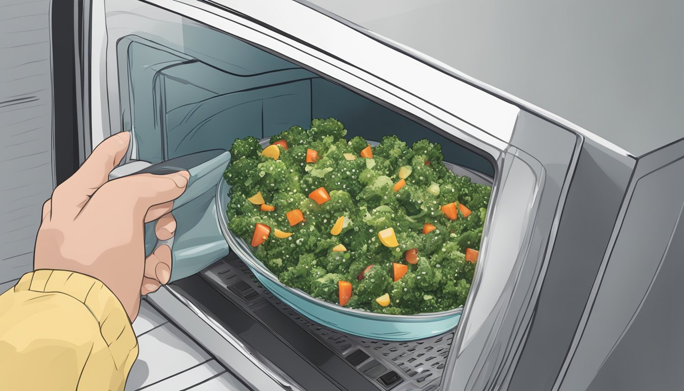 A bowl of kale and quinoa salad being reheated in a microwave