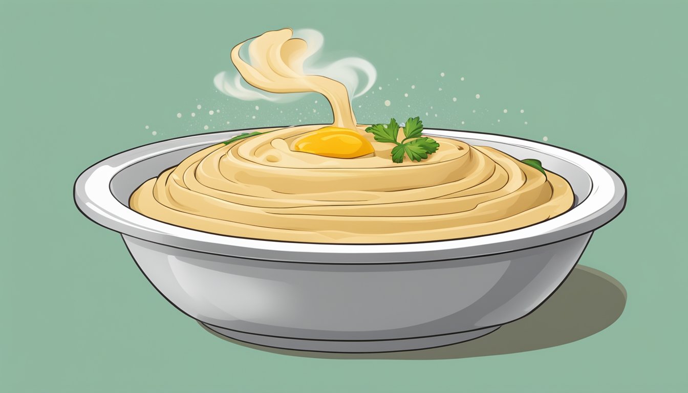 A bowl of hummus being microwaved with a cover on top, steam escaping as it heats up