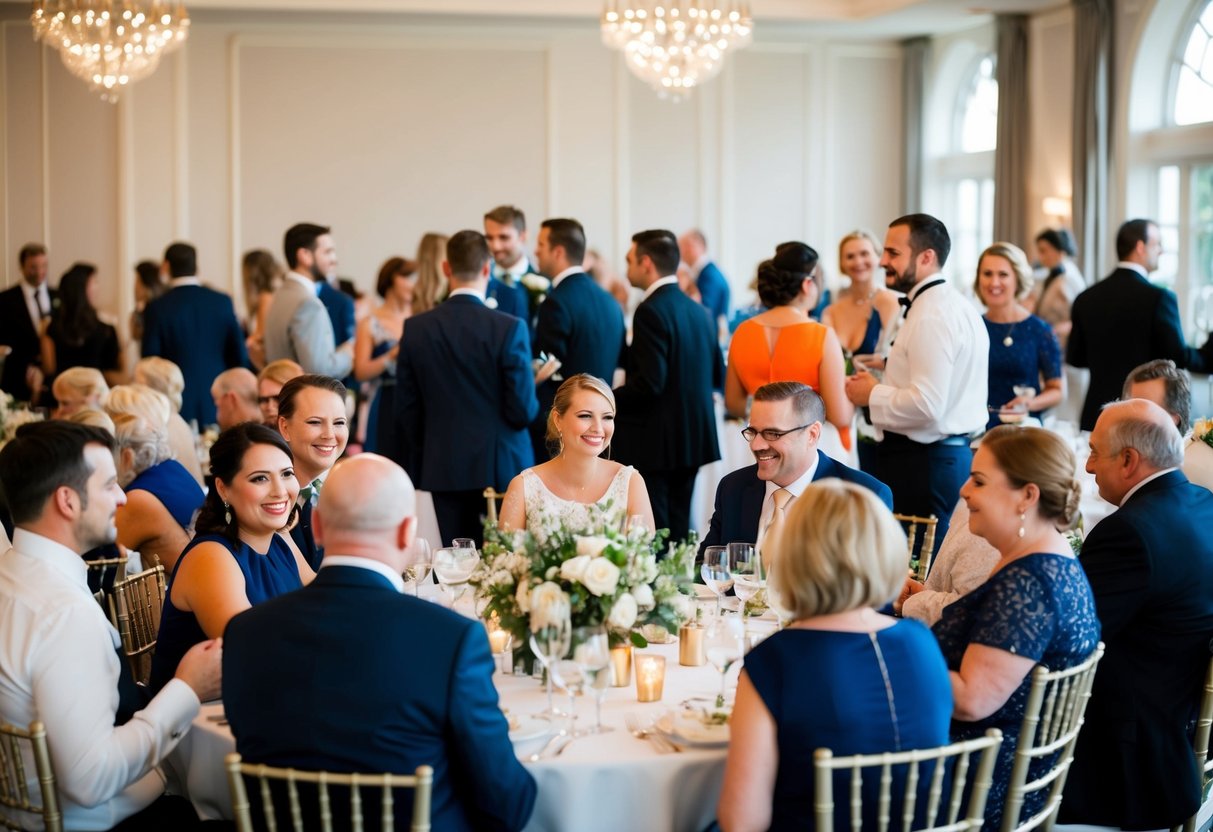 A diverse group of wedding guests mingle and chat, some seated at tables, others standing, while soft music plays in the background