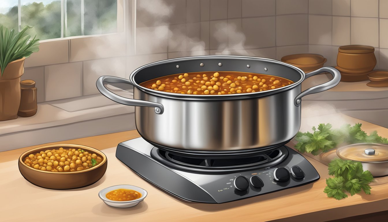 A pot of chana masala simmering on a stovetop, steam rising and rich aromas filling the kitchen