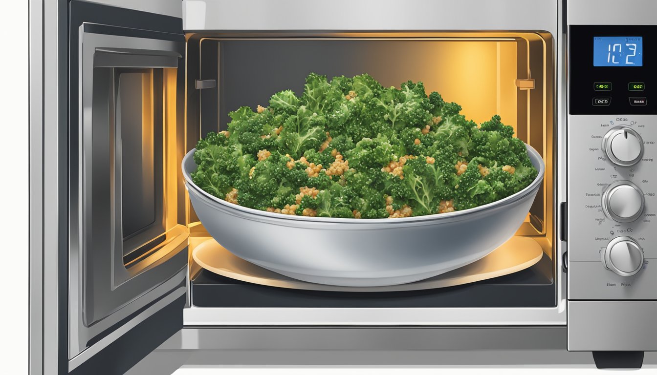 A bowl of kale and quinoa salad being heated in a microwave