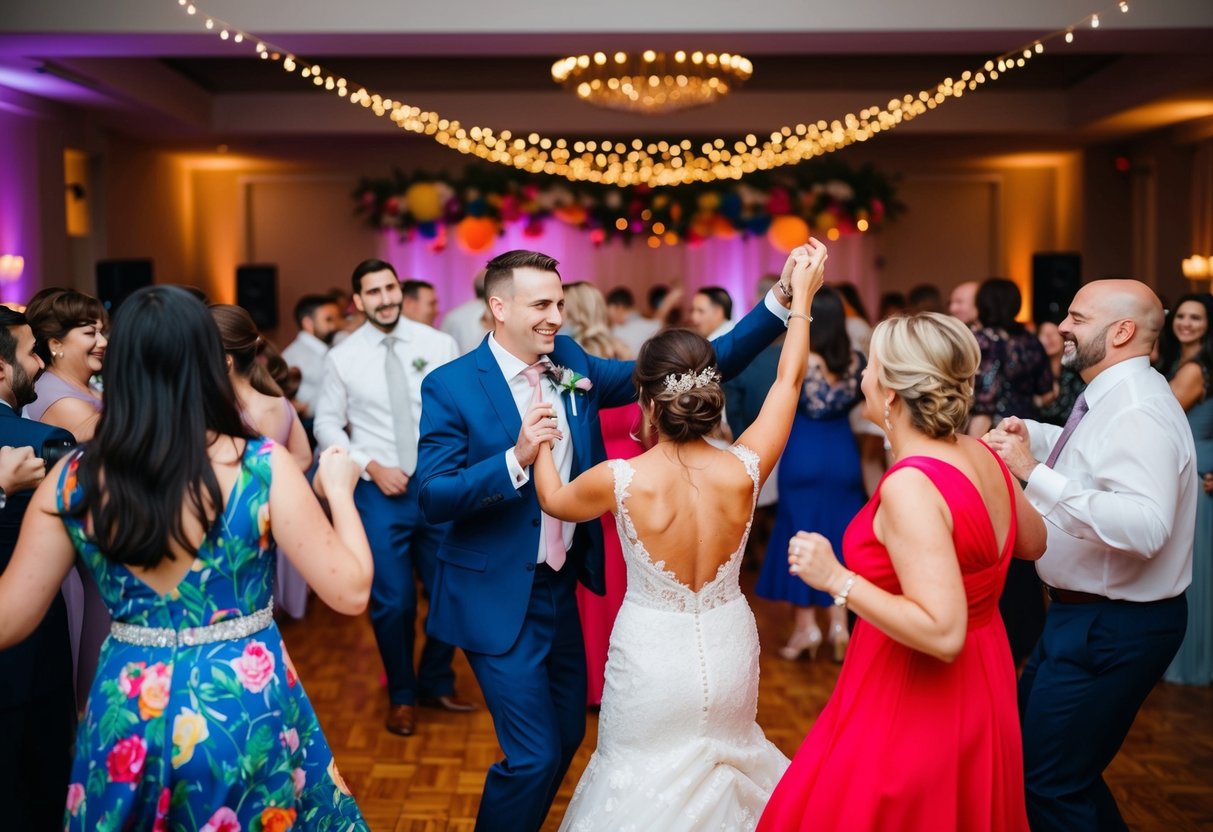 Guests dancing at a lively wedding reception with music and colorful decorations