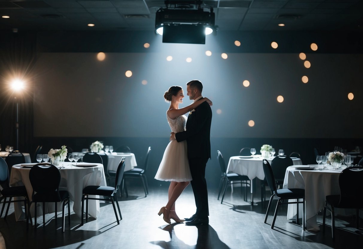 A couple dances alone under a spotlight, surrounded by empty tables and chairs. The room is dimly lit, with soft music playing in the background