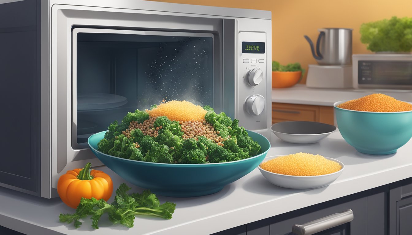 A microwave with a bowl of kale and quinoa salad spinning inside, steam rising as the vibrant colors of the vegetables and grains mix together