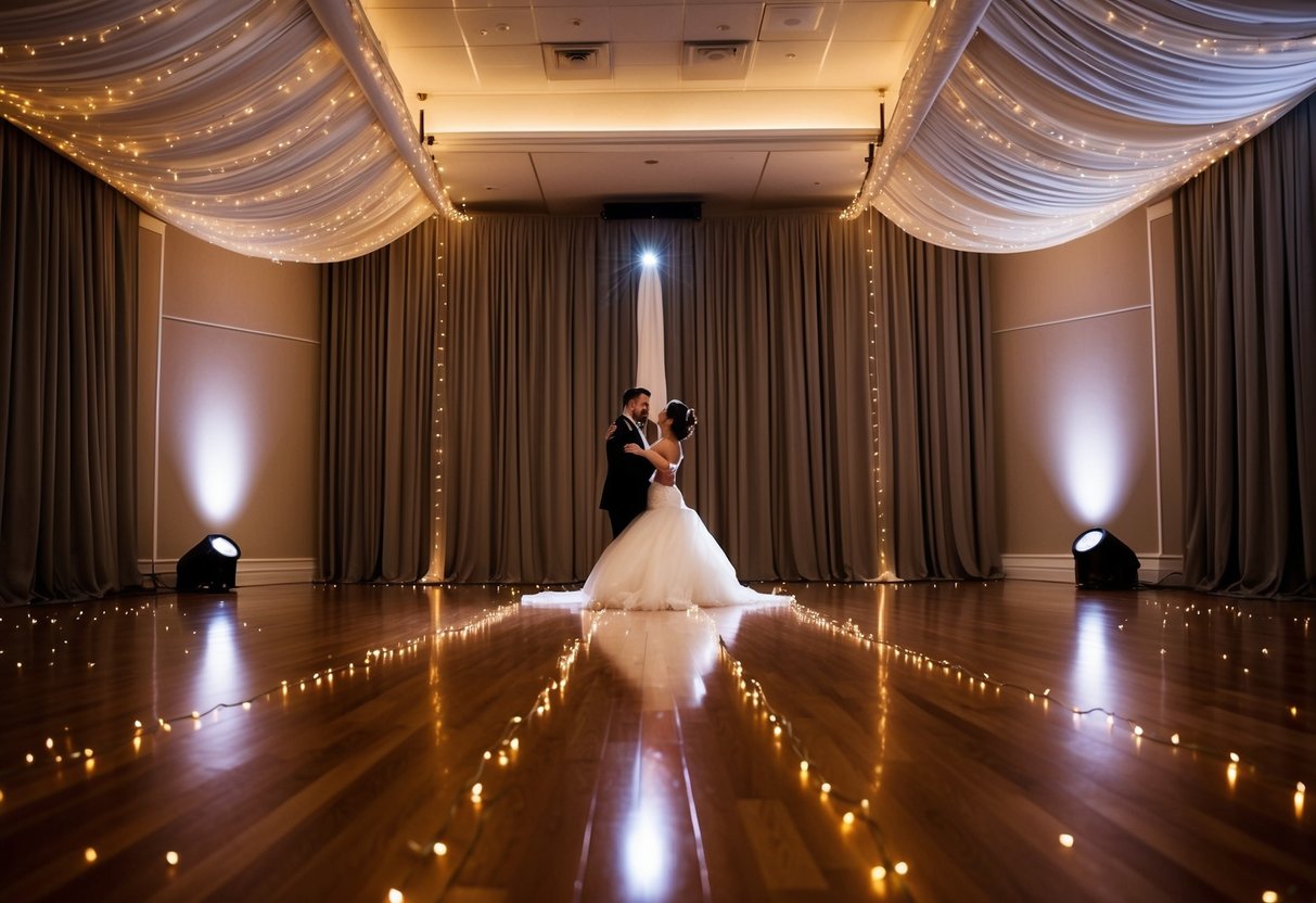 A dimly lit ballroom with a polished wooden floor, adorned with twinkling fairy lights and draped in elegant fabric. A single spotlight illuminates the center, creating a romantic and intimate atmosphere for the first dance
