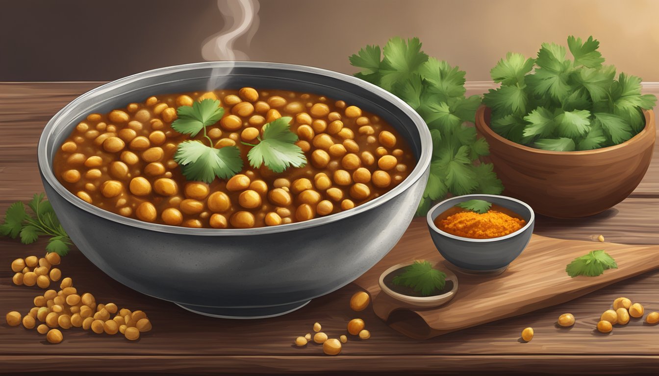 A steaming bowl of chana masala sits on a rustic wooden table, surrounded by vibrant Indian spices and fresh cilantro